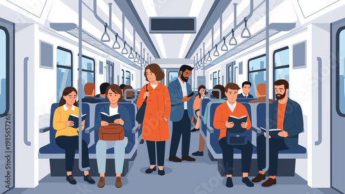 Commuters on a subway train during rush hour sit and stand while reading books or using smartphones in a brightly lit modern carriage.