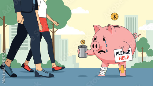 Sad piggy bank holding a cup and begging for help on a city street as people walk by without notice.