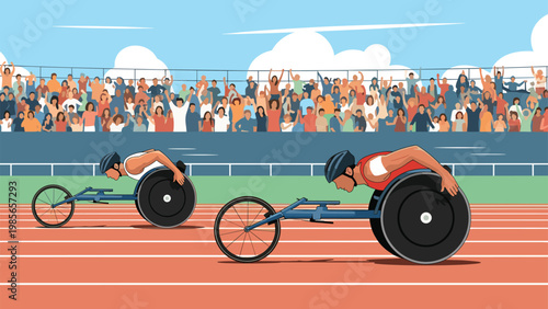 Two wheelchair athletes race side by side on a professional track as a large crowd of spectators cheers from the stadium stands.
