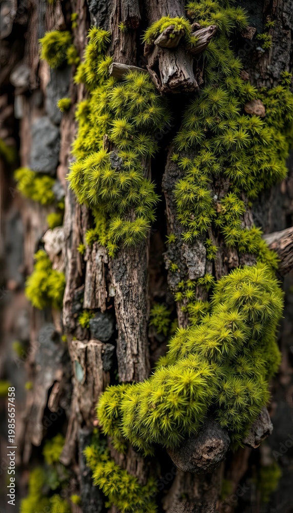 Fototapeta premium Close-up of moss growing on a weathered tree bark, showcasing intricate textures and micro-ecosystems, life, habitat