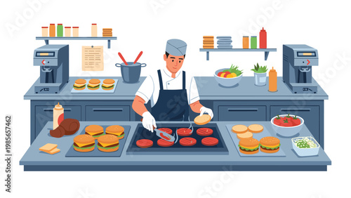 Professional chef in a clean kitchen prepares burgers by flipping meat patties on a large griddle next to fresh ingredients and buns.