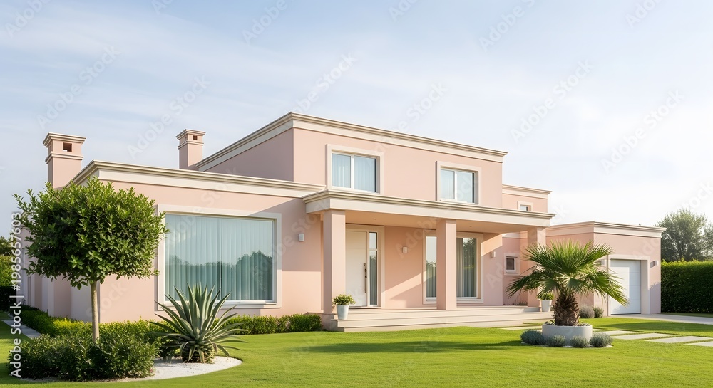 Fototapeta premium Modern Pink Villa with Lush Green Garden