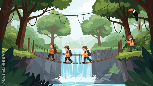 Group of young scouts wearing uniforms and backpacks crossing a rope suspension bridge over a scenic jungle waterfall.
