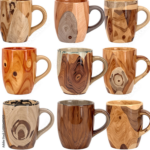 Assorted wooden mugs on transparent background for product display and design