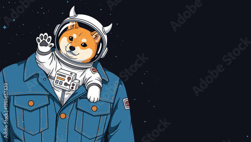 Cute Shiba Inu dog dressed as an astronaut waves from the chest pocket of a denim jacket against a dark starry space background.