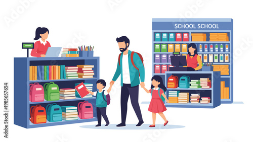 Father takes his two young children shopping for school supplies at a store with shelves full of colorful backpacks and textbooks.