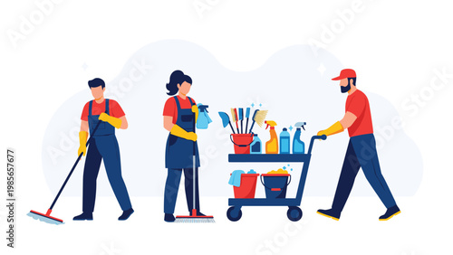 Professional cleaning service staff with a cart full of detergents and equipment performing domestic maintenance tasks.