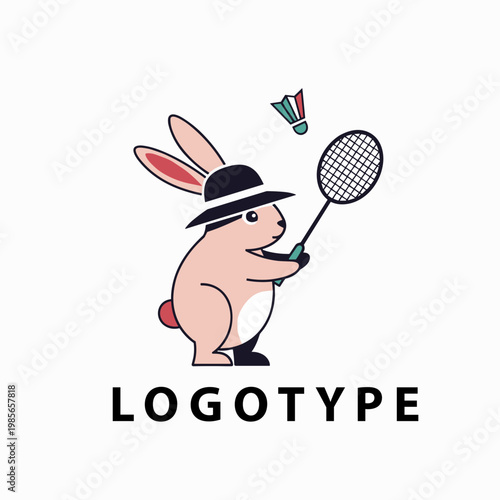 Badminton Rabbit Logo Cartoon Bunny Playing Sport With Racket And Shuttlecock Vector