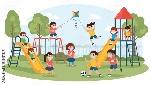 Group of children wearing protective face masks while playing soccer and flying kites at a public park playground.