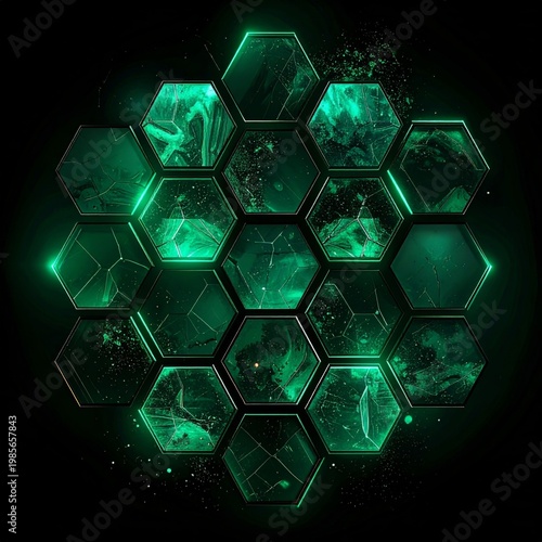 Abstract Hexagonal Grid with Glowing Emerald Green Energy and Digital Data Particles