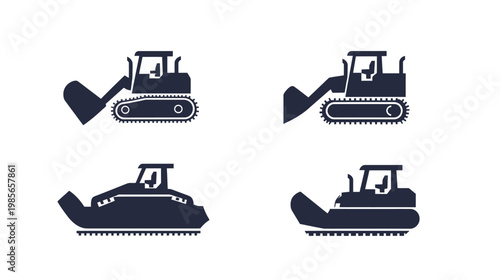 Four silhouettes of construction vehicles, different models of bulldozers, on a white background
