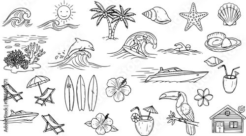 Hand Drawn Vector Illustration Graphic Set of Diverse Tropical Beach Summer Vacation Travel Elements for Web and Print Designs