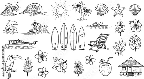 Tropical Hand Drawn Vector Illustration Collection Featuring Summer Beach and Ocean Elements Like Waves, Surfboards, Palm Trees, and Starfish
