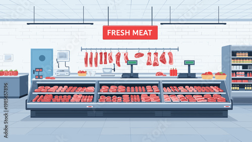 Supermarket fresh meat department with a large refrigerated display case filled with various cuts of beef, pork, and sausages.
