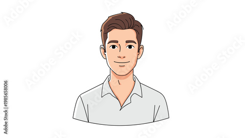 Cartoon portrait of a smiling young man with brown hair wearing a simple white collared shirt against a plain white background.