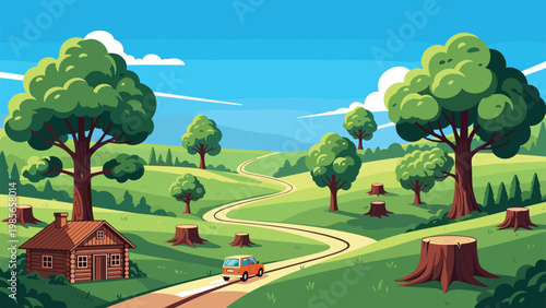 Small orange car drives along a winding rural road through a hilly landscape dotted with lush green trees and many brown tree stumps.