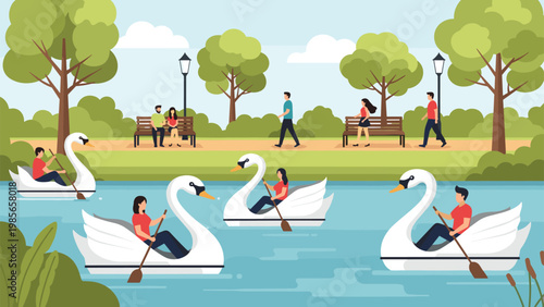 People enjoying outdoor activities in a sunny city park with swan paddle boats on a serene lake during summertime.