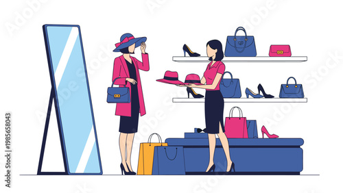Elegant woman tries on a stylish hat in a fashion boutique while a professional shop assistant assists her near a tall mirror.