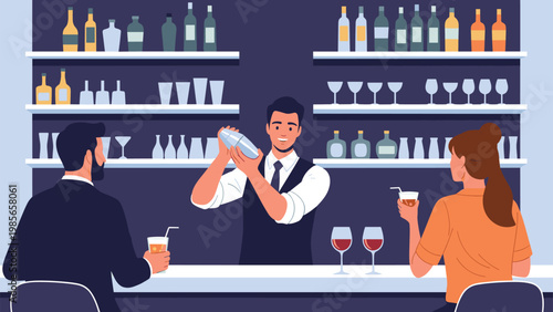 Professional bartender in a vest making a cocktail with a shaker for a man and woman sitting at a stylishly lit bar counter.