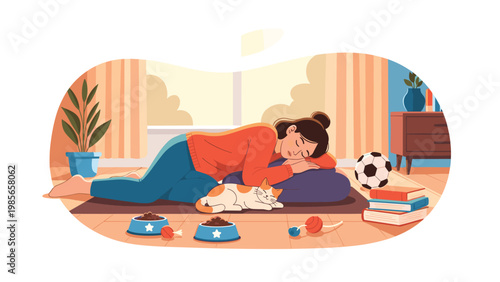 Tired woman taking a peaceful nap on a mat in her living room with a sleeping cat and cozy home elements around her.