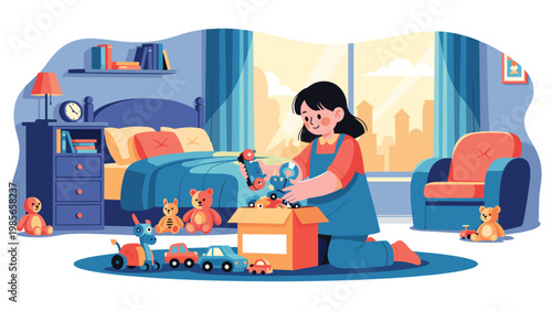 Little girl sitting on the floor of her bedroom happily tidying up her toys into a cardboard box near her bed and bookshelves.