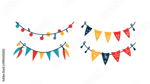 Colorful garlands and string lights illustration, set against a white background, festive, playful