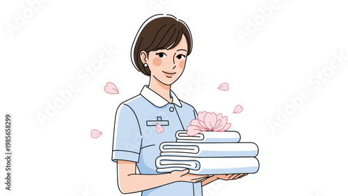Professional spa therapist or nurse holding a stack of fresh white towels and a beautiful pink lotus flower for a guest.