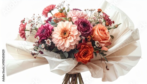 Colorful Mixed Flower Bouquet With Greenery Wrapped in White Paper Isolated