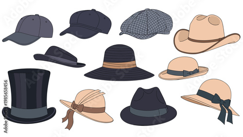 Collection of different types of hats for men and women including fedoras, caps, cowboy hats, top hats, and stylish sun hats.