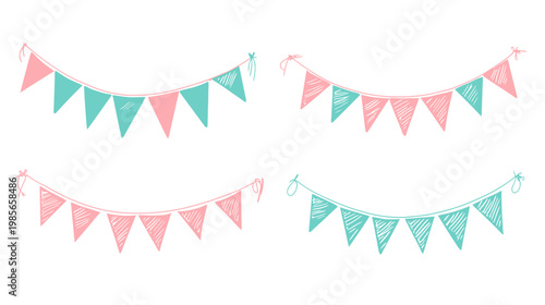 Four sets of sketched bunting flags, alternating colors of pink and teal on a white background