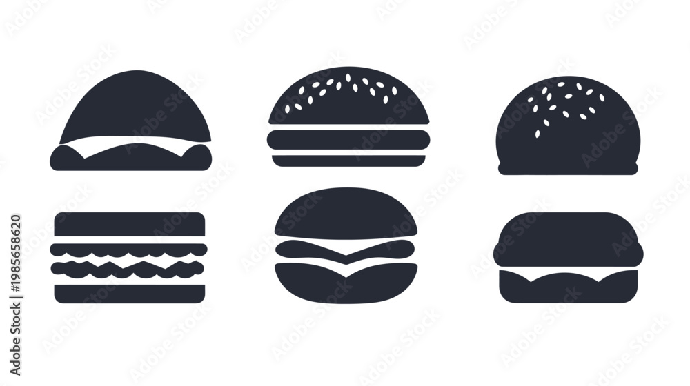 Fototapeta premium Six stylized grayscale burger icons with different arrangements, each isolated on white background