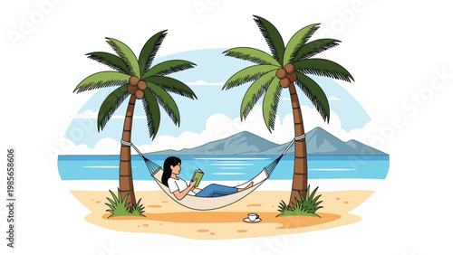 Woman relaxing and reading a book in a hammock tied between two palm trees on a tropical beach with a beautiful mountain backdrop.