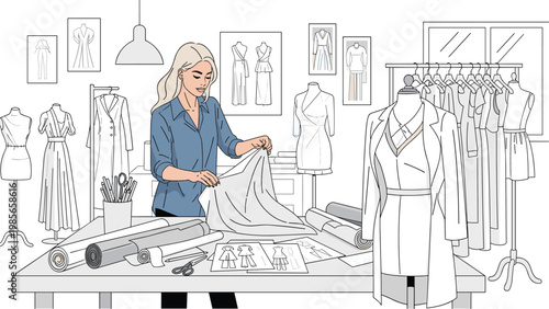 Female fashion designer working in her creative studio with fabric, sketches, and mannequins for a new clothing line.