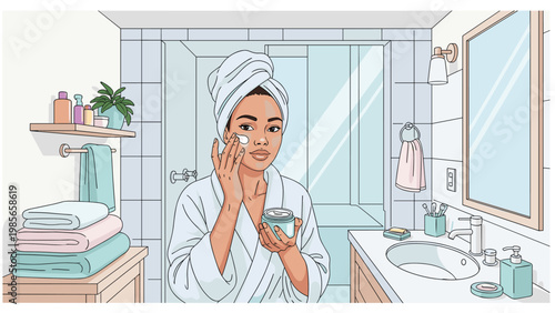 Young woman in a white bathrobe and head towel applying skincare cream to her face in front of a modern bathroom mirror.