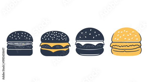 Four stylized burgers in varying colors. Each with sesame seed buns on a white background