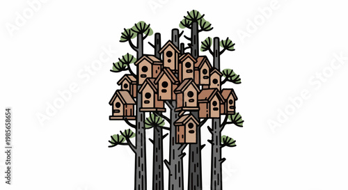A cluster of many wooden birdhouses adorns tall trees
