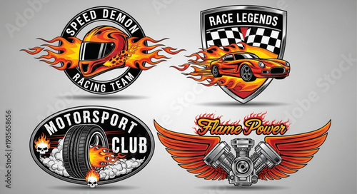 Set of four racing and motorsport emblems with flames.