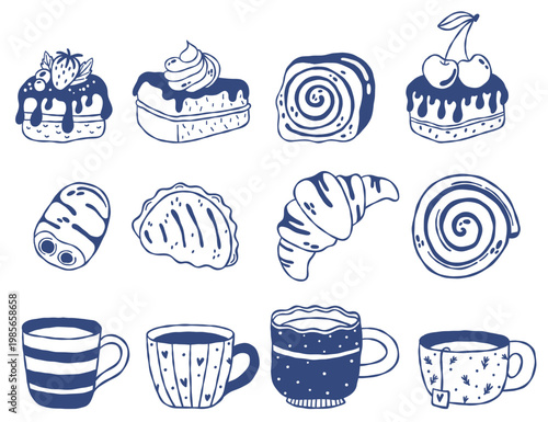 Hand drawn outline set of bakery and dessert icons including cakes, pastries, sweet rolls, croissants and cozy mugs. Doodle style collection perfect for cafe menus, packaging, branding, food design