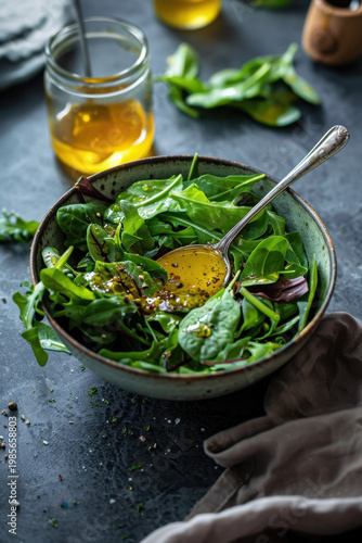 Fresh garden salad with arugula cherry tomatoes and homemade honey mustard vinaigrette