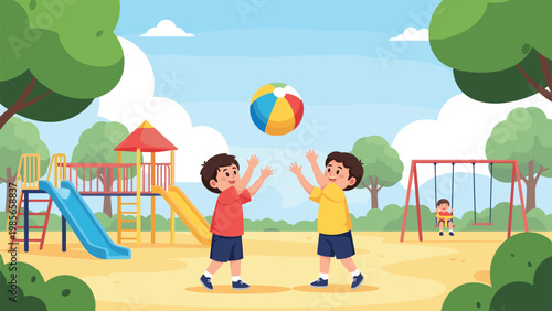 Two boys playing with a colorful beach ball on a sunny playground with slides, swings, and green trees in the background.