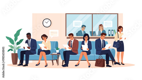 Group of diverse job candidates sitting in a waiting room and reviewing their documents before a professional interview.