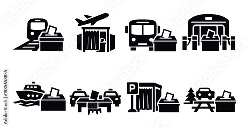 Voting booths at transport hubs and public places icons