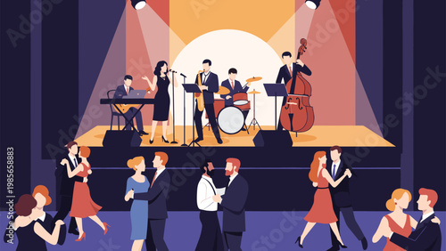 Jazz band performing on a stage for several couples dancing in a dark club environment with spotlights and musical instruments.