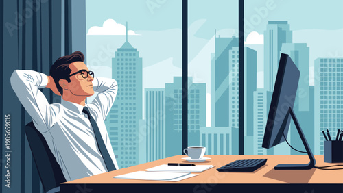 Successful businessman relaxing at his office desk and looking out a large window at a modern city skyline at day.