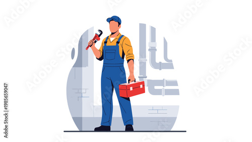 Professional plumber in blue overalls holding a pipe wrench and toolbox in front of plumbing infrastructure at home.