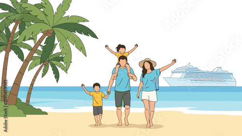 Happy family of four walking along a sandy beach with a large cruise ship visible on the ocean horizon at sunset.