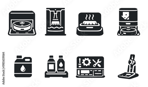Robot cleaner maintenance and accessories icons on dark background
