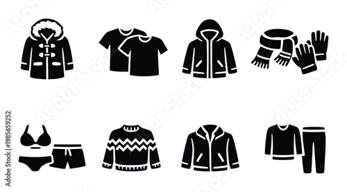 Assortment of clothing icons arranged on dark background