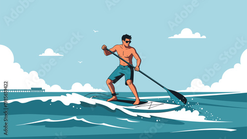 Athletic man with sunglasses paddleboarding on ocean waves under a clear blue sky with white clouds and seagulls flying in the distance.
