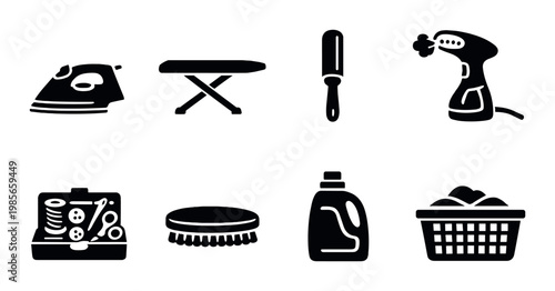 Laundry and garment care icons arranged on dark background